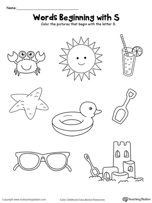 Color the Pictures: Words Beginning with Letter S