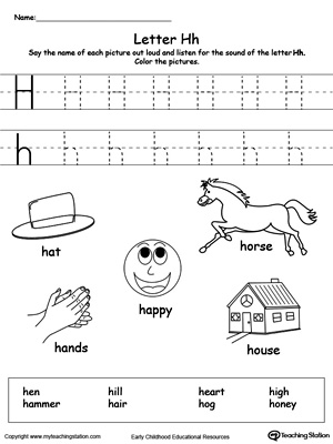 Preschool learning letter sounds printable activity worksheets. Encourage your child to learn letter sounds by practicing saying the name of the picture and tracing the uppercase and lowercase letter H in this printable worksheet.