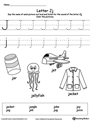 Preschool learning letter sounds printable activity worksheets. Encourage your child to learn letter sounds by practicing saying the name of the picture and tracing the uppercase and lowercase letter J in this printable worksheet.
