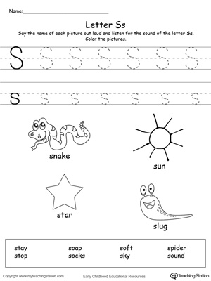 Preschool learning letter sounds printable activity worksheets. Encourage your child to learn letter sounds by practicing saying the name of the picture and tracing the uppercase and lowercase letter S in this printable worksheet.