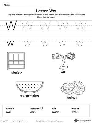 Preschool learning letter sounds printable activity worksheets. Encourage your child to learn letter sounds by practicing saying the name of the picture and tracing the uppercase and lowercase letter W in this printable worksheet.