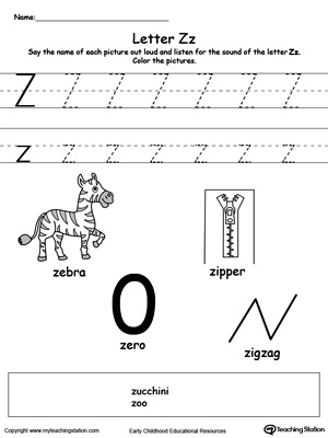 Preschool learning letter sounds printable activity worksheets. Encourage your child to learn letter sounds by practicing saying the name of the picture and tracing the uppercase and lowercase letter Z in this printable worksheet.