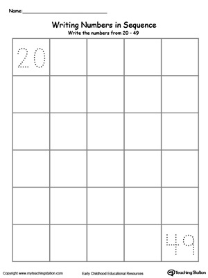 Preschool and kindergarten numbers worksheets. Learn to write numbers in sequence with these printable activity worksheets. Write numbers 20-49