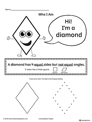 Learn the geometric shape - diamond, with a fun and simple activity. This printable is perfect for introducing the concept of shapes to children in preschool.