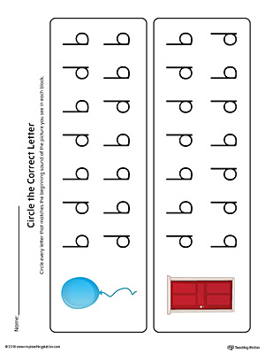 b-d Letter Reversal: Match Beginning Sound Worksheet in Color is a printable activity for your students to practice identifying letters b and d.