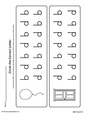 b-d Lowercase Letter Reversal Worksheet by Matching to Beginning Sound