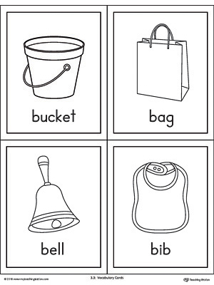Beginning sound vocabulary cards for letter B includes the words bucket, bag, bell, and bib.