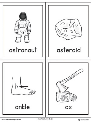 Beginning sound vocabulary cards for letter A, includes the words astronaut, asteroid, ankle, and ax.