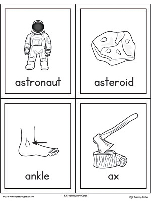 Letter A Words and Pictures Printable Cards: Astronaut, Asteroid, Ankle