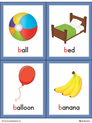 Printable beginning sound vocabulary cards for letter B, includes the words ball, bed, balloon, and banana.