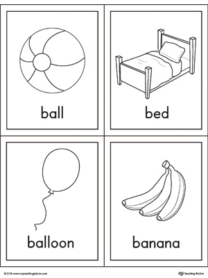 Beginning sound vocabulary cards for letter B, includes the words ball, bed, balloon, and banana.