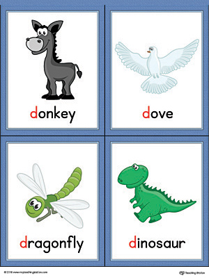 Letter D Words and Pictures Printable Cards: Donkey, Dove, Dragonfly, Dinosaur (Color)