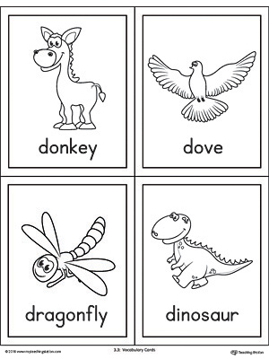 Letter D Words and Pictures Printable Cards: Donkey, Dove, Dragonfly