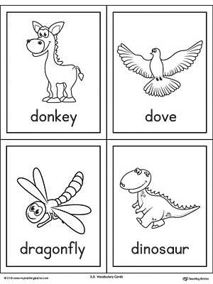 Letter D Words and Pictures Printable Cards: Donkey, Dove, Dragonfly, Dinosaur