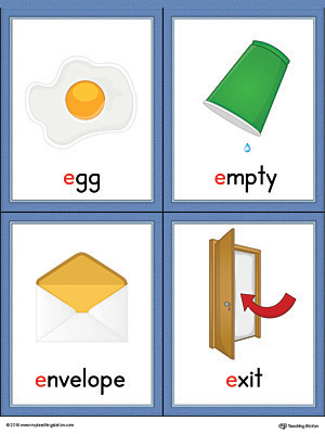 Letter E Words and Pictures Printable Cards: Egg, Empty, Envelope, Exit (Color)