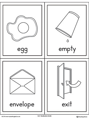 Letter E Words and Pictures Printable Cards: Egg, Empty, Envelope, Exit