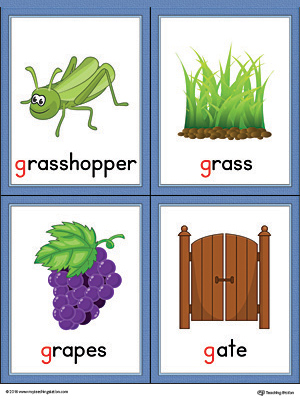 Letter G Words and Pictures Printable Cards: Grasshopper, Grass, Grapes, Gate (Color)