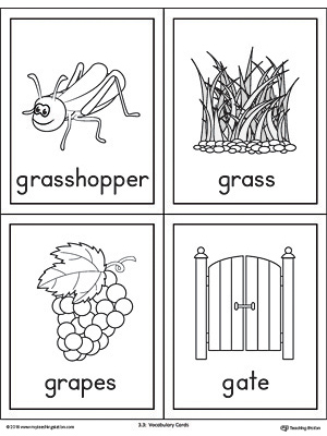 Letter G Words and Pictures Printable Cards: Grasshopper, Grass, Grapes, Gate
