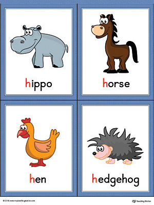 Letter H Words and Pictures Printable Cards: Hippo, Horse, Hen, Hedgehog (Color)