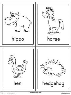 Letter H Words and Pictures Printable Cards: Hippo, Horse, Hen, Hedgehog