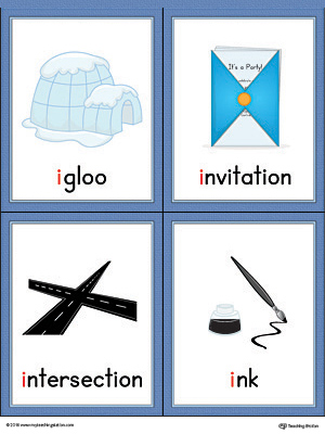 Letter I Words and Pictures Printable Cards: Igloo, Invitation, Intersection, Ink (Color)