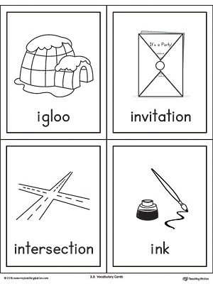 Letter I Words and Pictures Printable Cards: Igloo, Invitation, Intersection, Ink