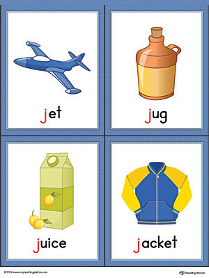 Letter J Words and Pictures Printable Cards: Jet, Jug, Juice, Jacket (Color)