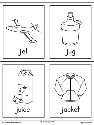 Letter J Words and Pictures Printable Cards: Jet, Jug, Juice, Jacket