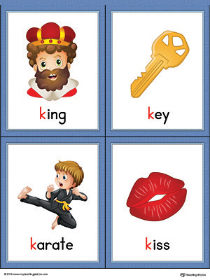 Letter K Words and Pictures Printable Cards: King, Key, Karate, Kiss (Color)