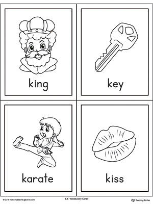 Letter K Words and Pictures Printable Cards: King, Key, Karate, Kiss