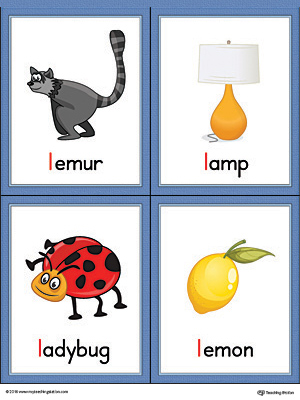 Letter L Words and Pictures Printable Cards: Lemur, Lamp, Ladybug, Lemon (Color)