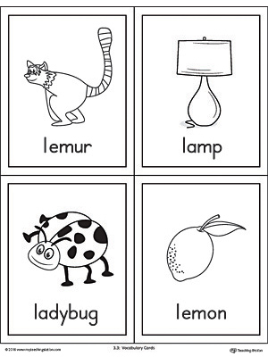 Letter L Words and Pictures Printable Cards: Lemur, Lamp, Ladybug, Lemon