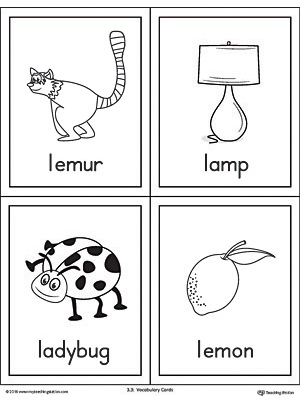 Letter L Words and Pictures Printable Cards Lemur, Lamp, Ladybug