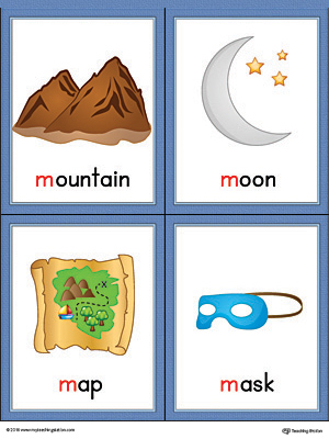 Letter M Words and Pictures Printable Cards: Mountain, Moon, Map, Mask (Color)