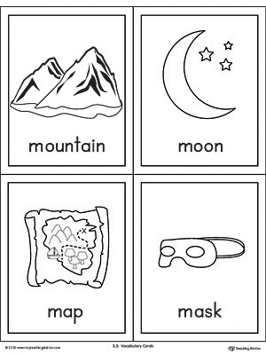 Letter M Words and Pictures Printable Cards: Mountain, Moon, Map, Mask