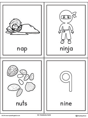 Letter N Words and Pictures Printable Cards: Nap, Ninja, Nuts, Nine