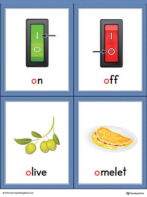 Letter O Words and Pictures Printable Cards: On, Off, Omelet, Olive (Color)