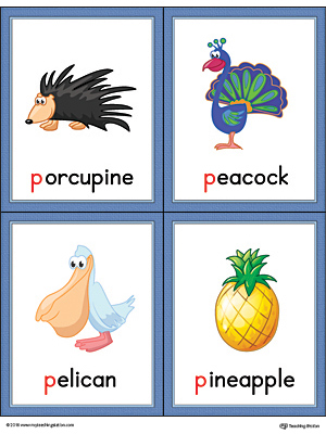Letter P Words and Pictures Printable Cards: Porcupine, Peacock