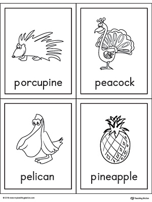 Letter P Words and Pictures Printable Cards: Porcupine, Peacock, Pelican, Pineapple