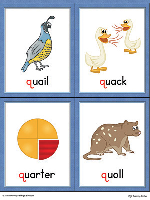 Letter Q Words and Pictures Printable Cards: Quail, Quack, Quarter, Quoll (Color)