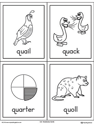 Letter Q Words and Pictures Printable Cards: Quail, Quack, Quarter, Quoll