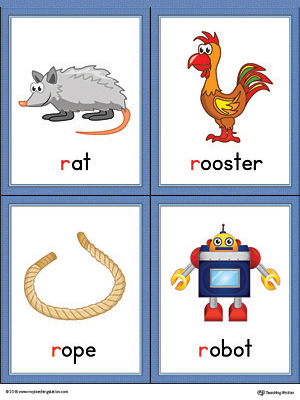 Letter R Words and Pictures Printable Cards: Rat, Rooster, Rope, Robot (Color)