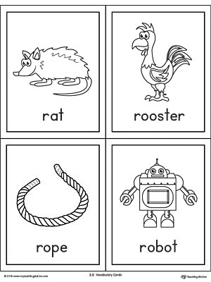 Letter R Words and Pictures Printable Cards: Rat, Rooster, Rope, Robot