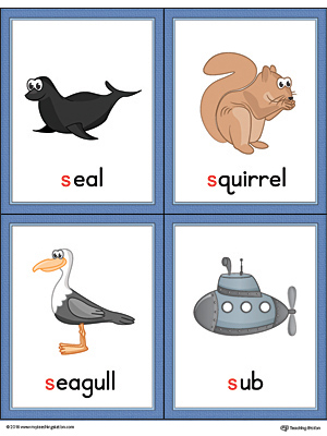 Letter S Words and Pictures Printable Cards: Seal, Squirrel, Seagull, Sub (Color)