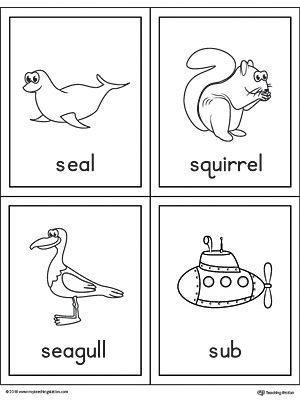 Letter S Words and Pictures Printable Cards: Seal, Squirrel, Seagull, Sub