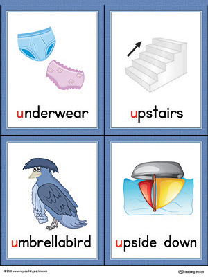 Letter U Words and Pictures Printable Cards: Underwear, Upstairs, Umbrellabird, Upside Down (Color)