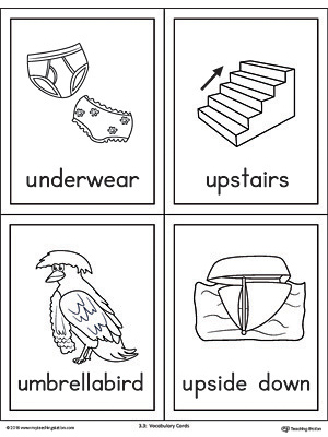 Letter U Words and Pictures Printable Cards: Underwear, Upstairs, Umbrellabird, Upside Down