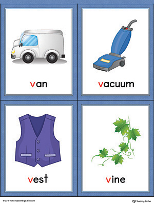 Letter V Words and Pictures Printable Cards: Van, Vacuum, Vest, Vine (Color)