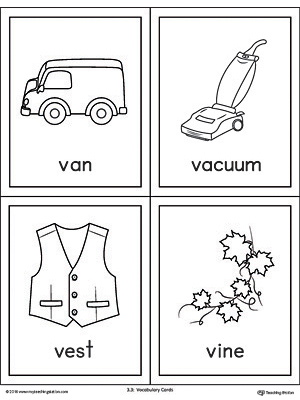 Letter V Words And Pictures Printable Cards Van Vacuum Vest