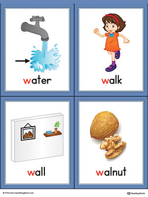 Letter W Words and Pictures Printable Cards: Water, Walk, Wall, Walnut (Color)